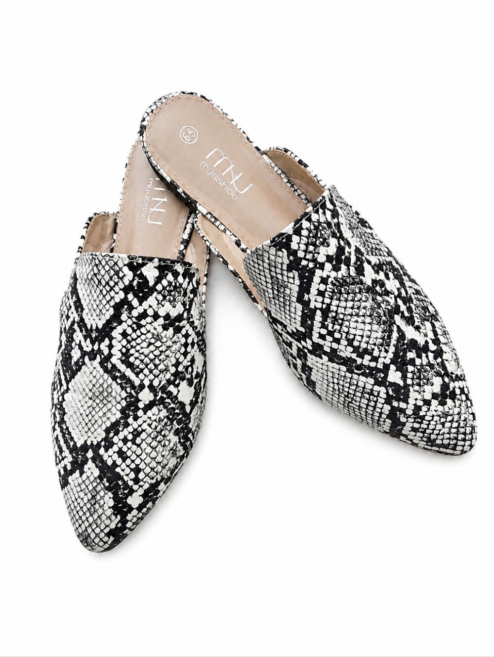 MUSSHOE Snakeskin Pointed Toe Mule Flats Black White Size 6.5 Like New